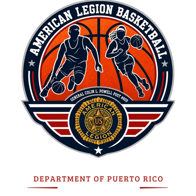 American Legion Basketball crest for General Colin L. Powell Post #809: a young man and a young woman driving to the basket over the American Legion emblem, the Department of Puerto Rico, San Juan