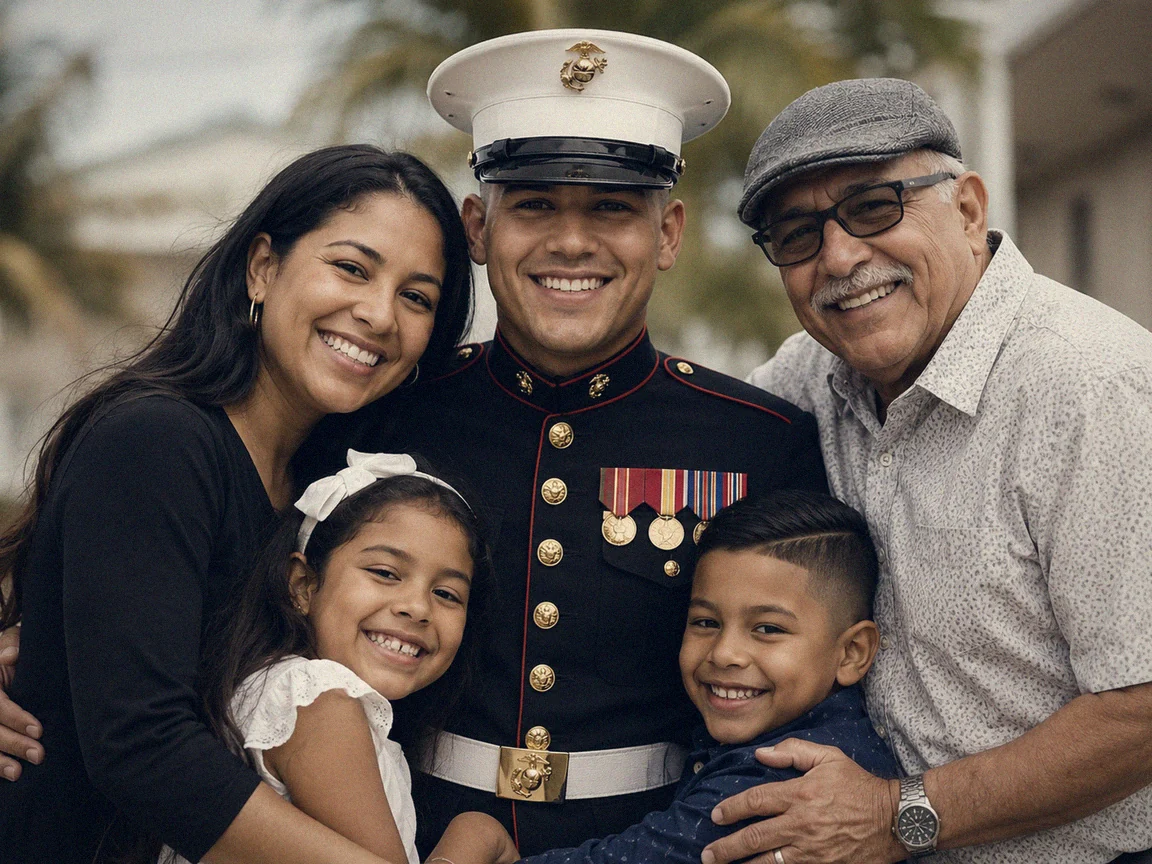 Three generations of one Puerto Rican family, a Marine between his wife, his children and his father (representative image)