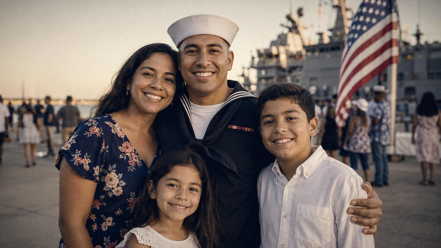 A sailor met by his wife, son and daughter on the pier at sunset (representative image)