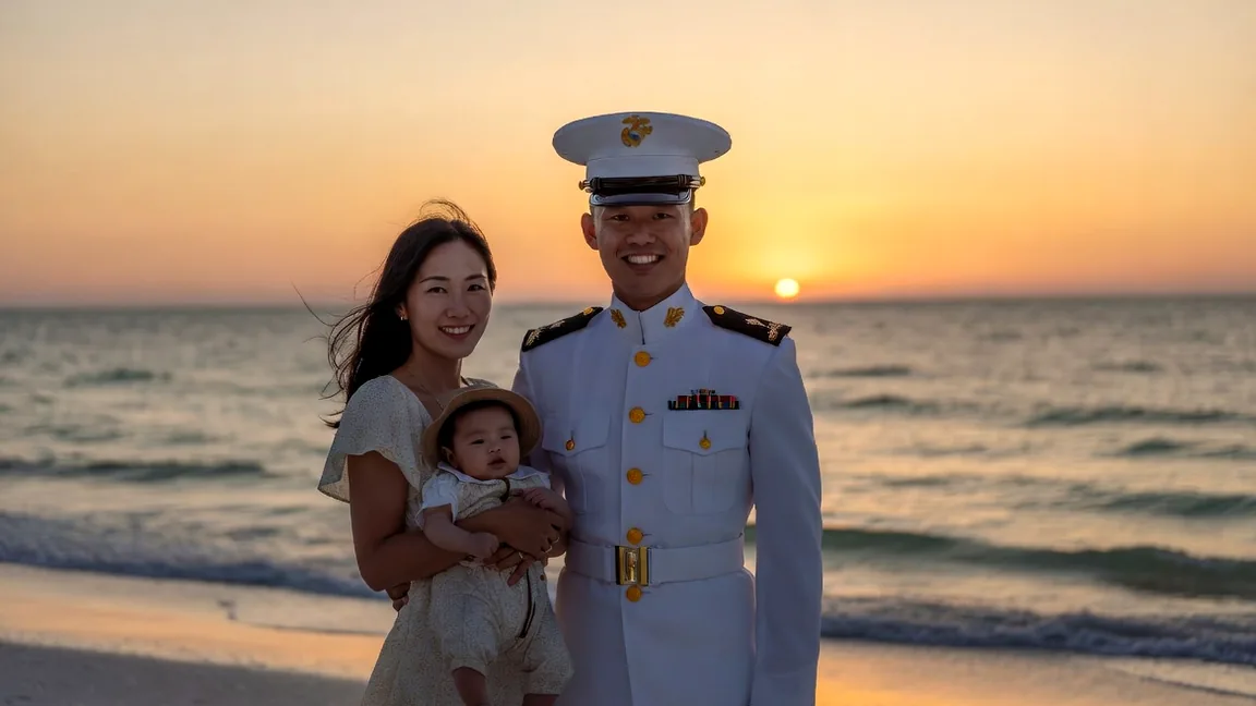 A military family on the beach at sunset (representative image)